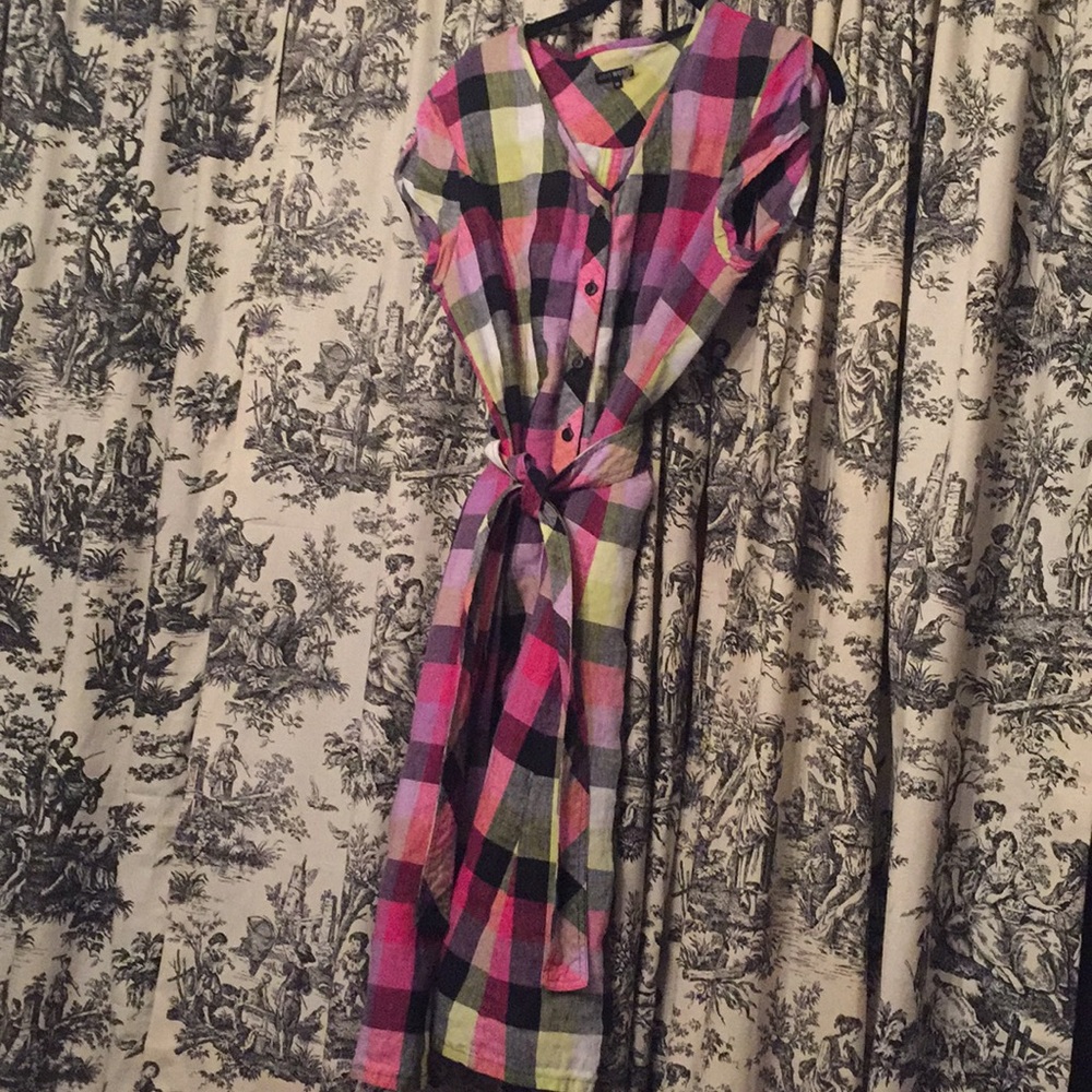 👗🐣🌷🌱 Hot Pink & Neon Green Plaid Shirt Dress